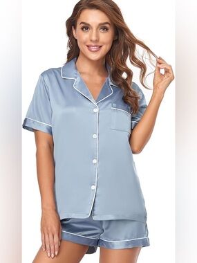 Dusty Blue Satin Short-Sleeve Pajama Set